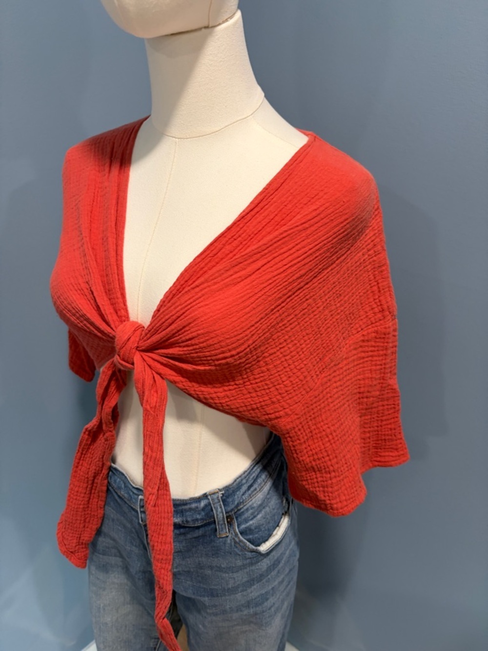 La Miel Gauze Tie Front Top S Warm Red Cropped Boho Bell Sleeve Blouse